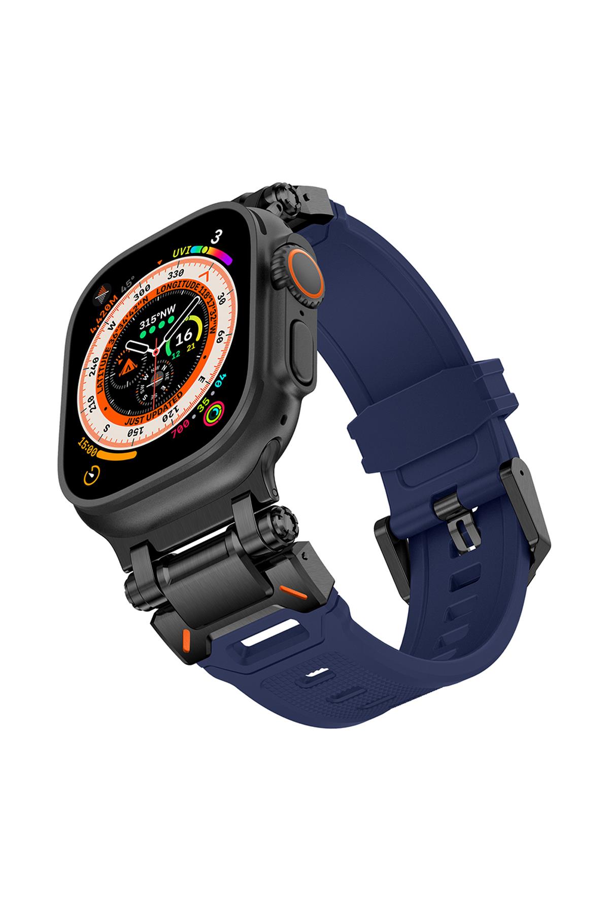 Apple Watch Ultra / Ultra 2 49 mm uyumlu Titanyum Aksamlı Silikon Kordon Luxury Premium Kayış Siyah - Lacivert