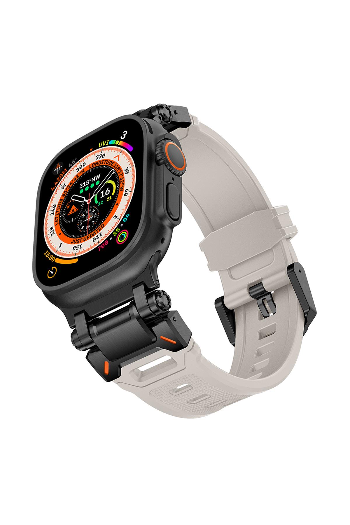 Apple Watch Ultra / Ultra 2 49 mm uyumlu Titanyum Aksamlı Silikon Kordon Luxury Premium Kayış Siyah - Starlight