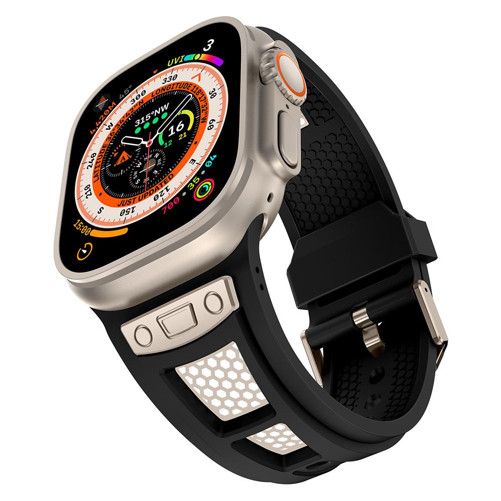 Apple Watch Ultra / Ultra 2 49 mm uyumlu Silikon Kordon Metal Detaylı Hava Alabilen Premium Kayış Siyah - Titanyum