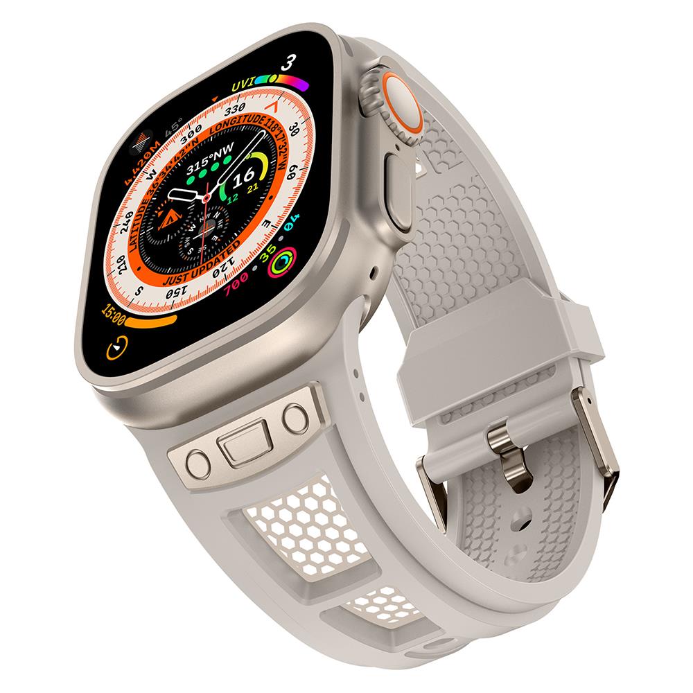 Apple Watch Ultra / Ultra 2 49 mm uyumlu Silikon Kordon Metal Detaylı Hava Alabilen Premium Kayış Starlight - Titanyum