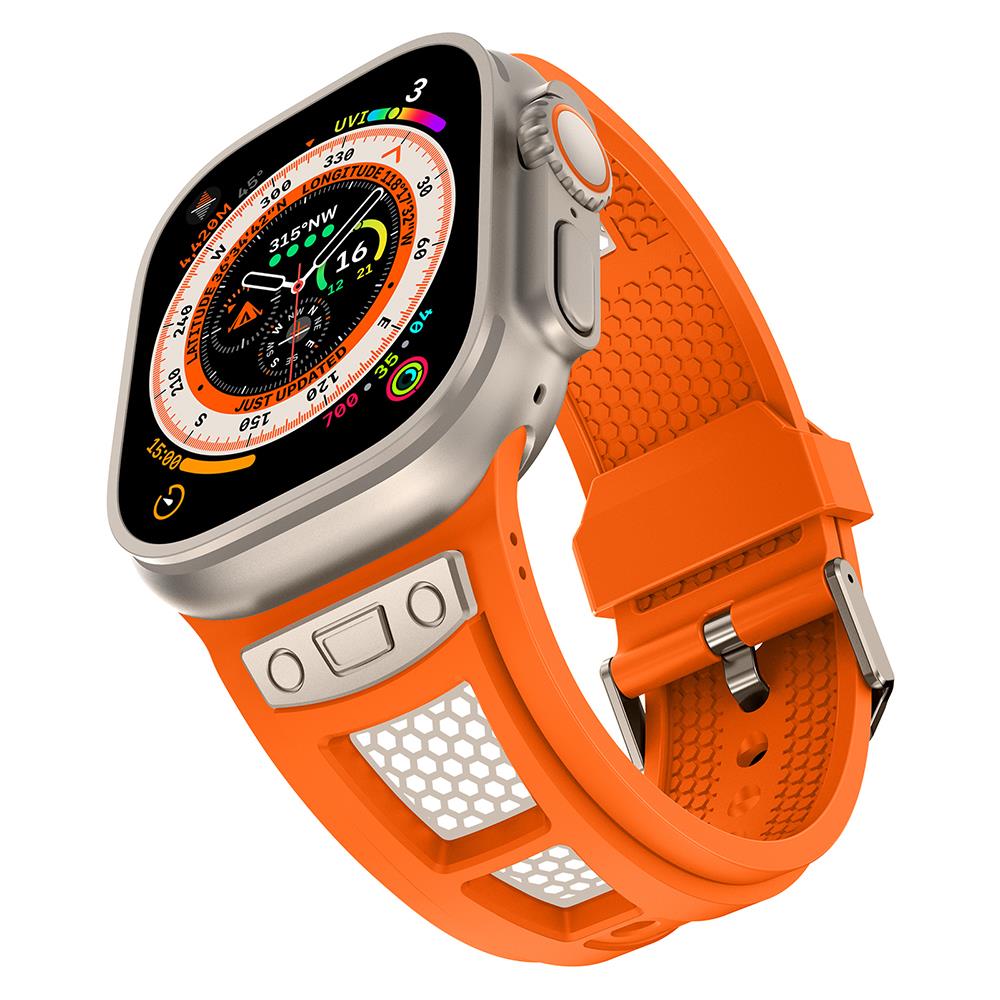 Apple Watch Ultra / Ultra 2 49 mm uyumlu Silikon Kordon Metal Detaylı Hava Alabilen Premium Kayış Turuncu - Titanyum