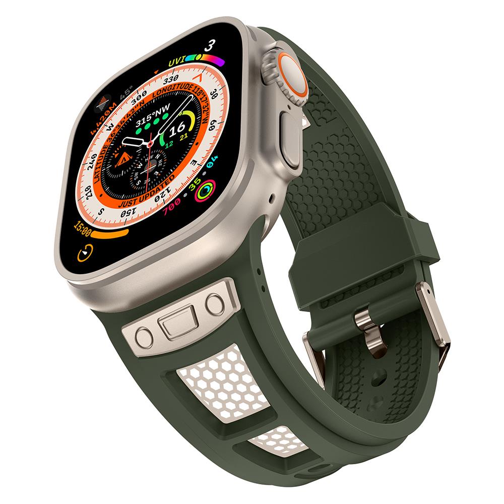 Apple Watch Ultra / Ultra 2 49 mm uyumlu Silikon Kordon Metal Detaylı Hava Alabilen Premium Kayış Yeşil - Titanyum