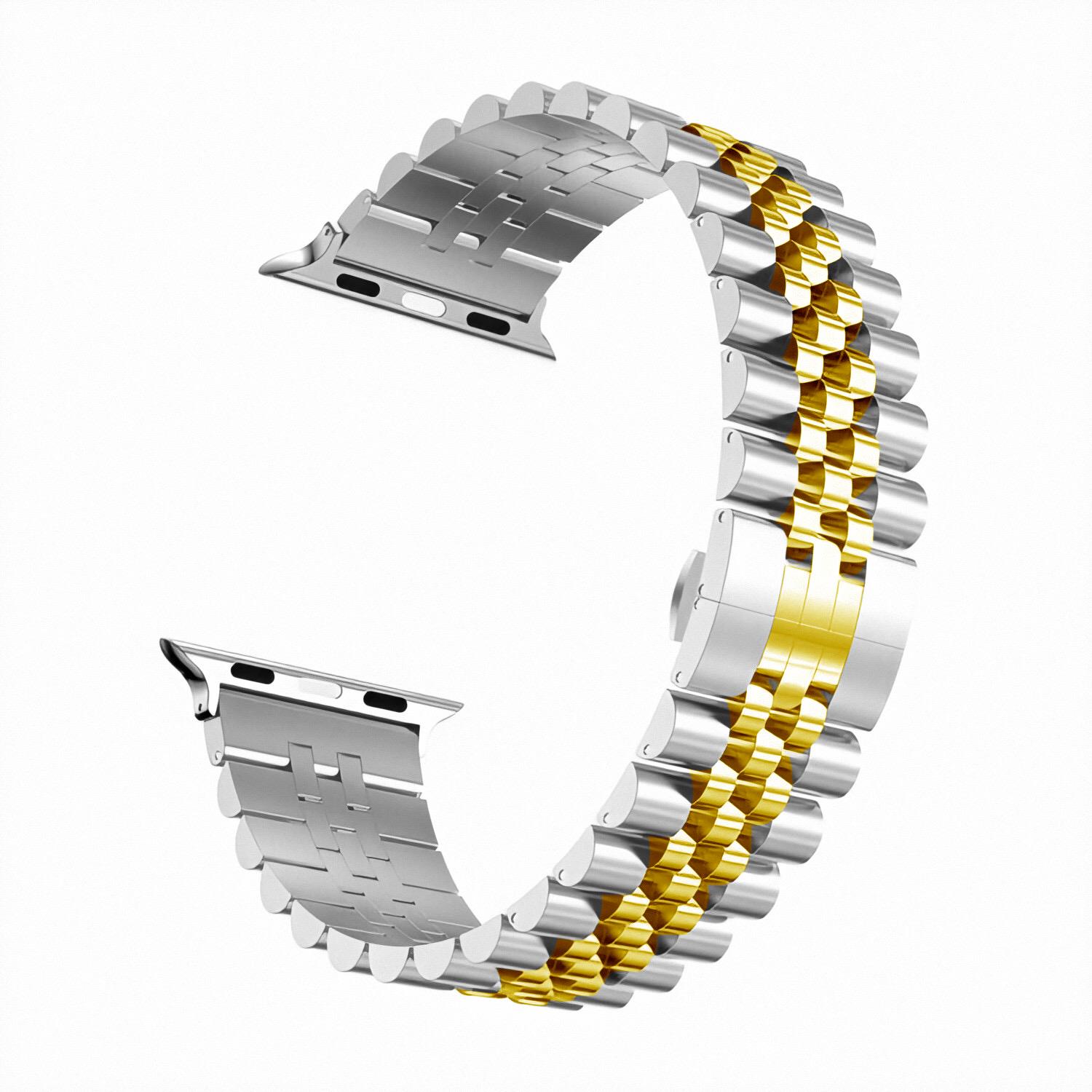 Apple Watch 10 46 mm uyumlu Metal Kordon Rolex Style Kayış Jubilee Bilezik Gold - Gümüş