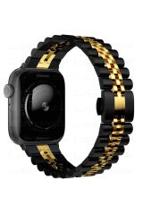 Apple Watch 10 46 mm uyumlu Metal Kordon Rolex Style Kayış Jubilee Bilezik Siyah - Gold
