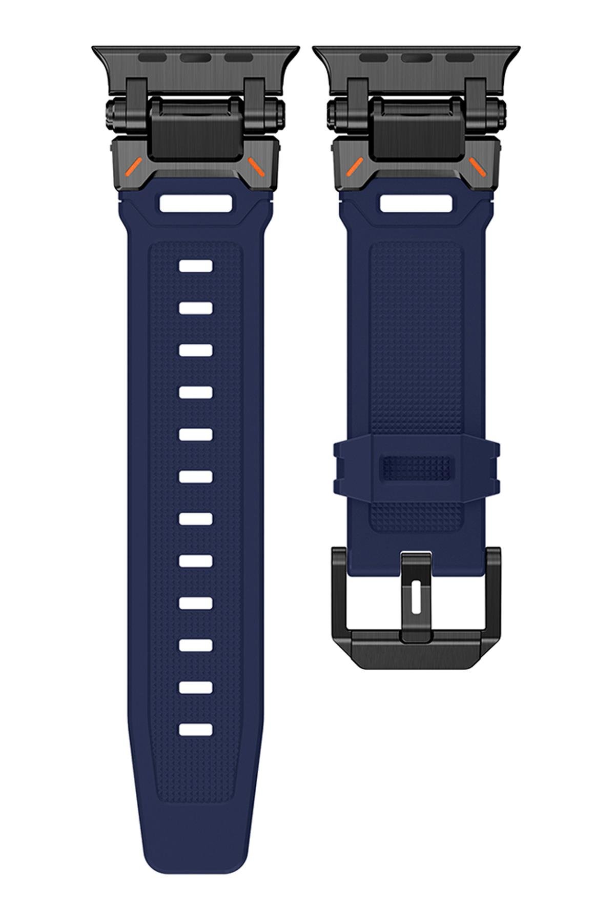 Apple Watch 6 5 4 3 2 1 SE 42 44 mm uyumlu Titanyum Aksamlı Silikon Kordon Luxury Premium Kayış Siyah - Lacivert