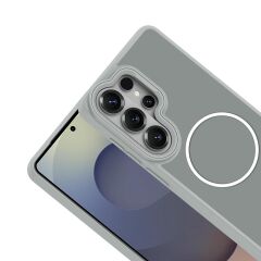 Galaxy S26 Ultra uyumlu MagSafe Kılıf Metal Kamera Çerçeveli Silikon Kenarlı Darbe Emici Kapak Gri