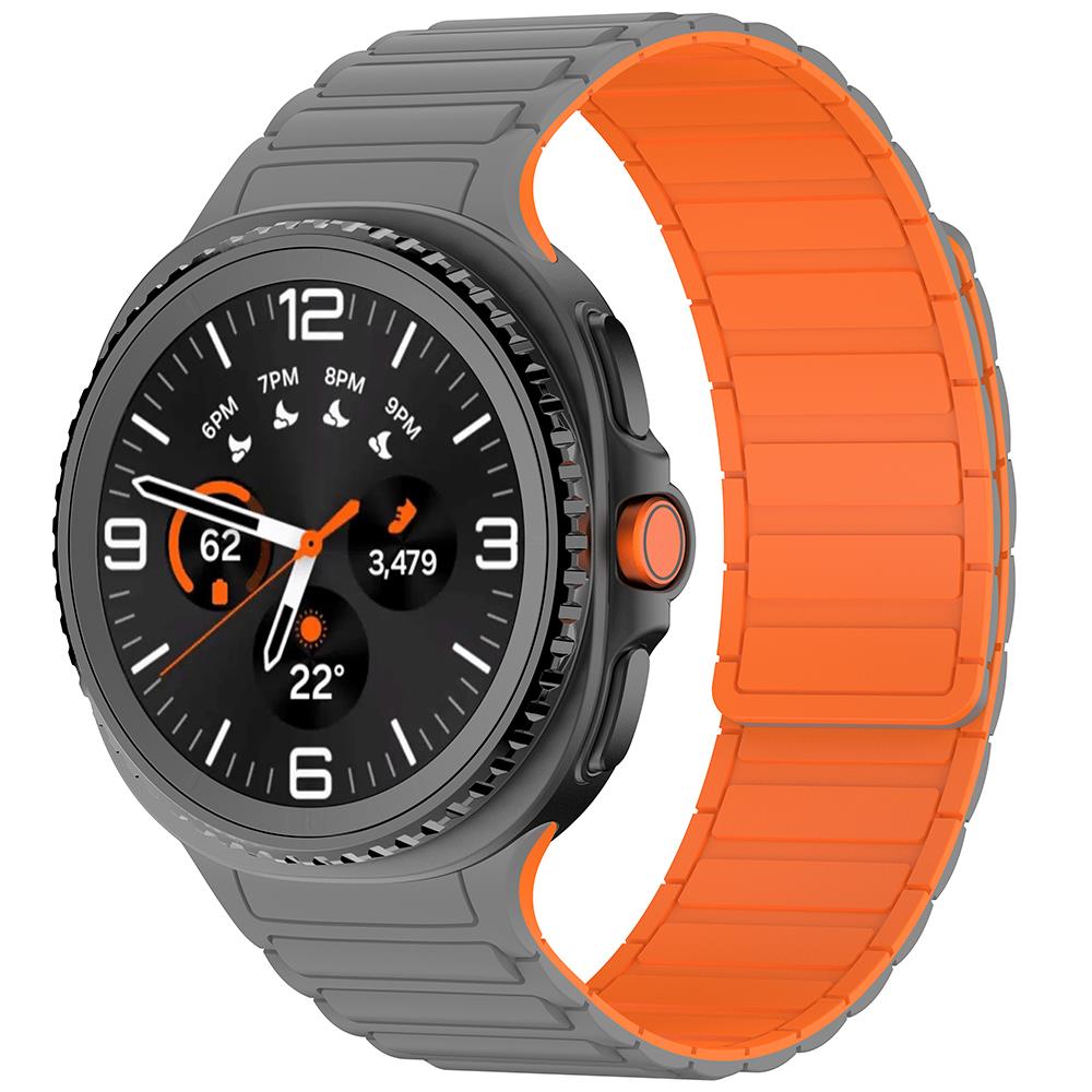 Samsung Galaxy Watch 8 Classic 46 mm Magnetik Silikon Kordon Baklalı Desenli Mıknatıslı Kayış Gri - Turuncu
