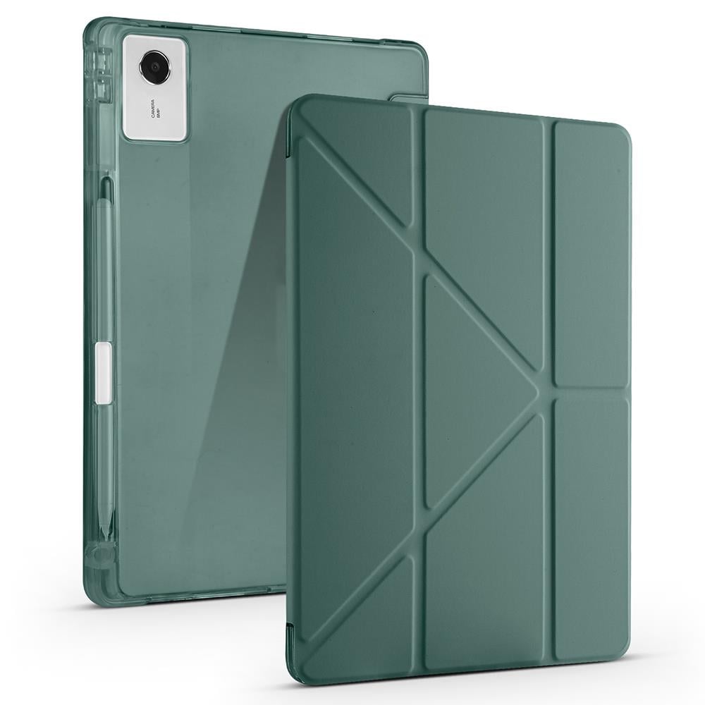 Lenovo Idea Tab Plus 12.1'' uyumlu Kılıf Kalem Bölmeli Tri Folding Standlı Arkası Silikon Kapak Koyu Yeşil