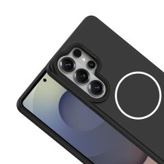 Galaxy S26 Ultra uyumlu MagSafe Kılıf Metal Kamera Çerçeveli Silikon Kenarlı Darbe Emici Kapak Siyah