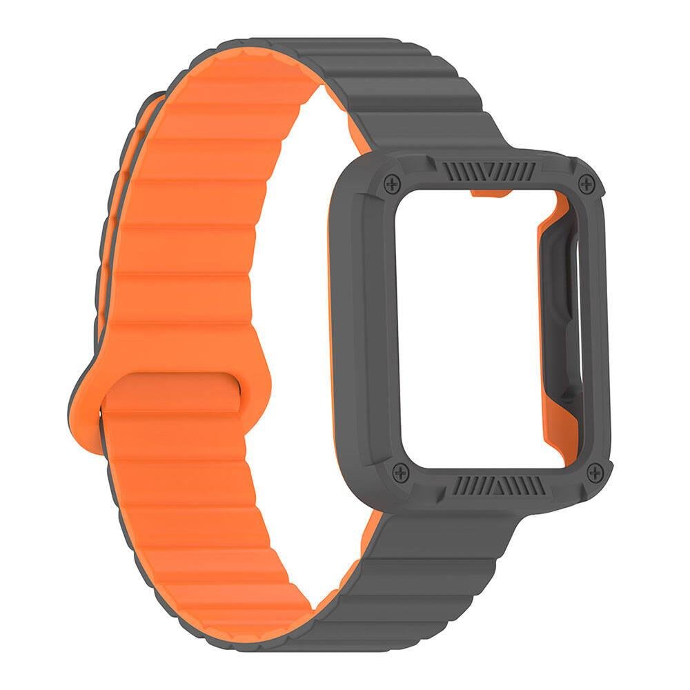 Mi Watch Lite / Redmi Watch 2 Lite uyumlu Magnetik Silikon Kordon & Kasa Koruma 2 in 1 Premium Kayış Gri - Turuncu