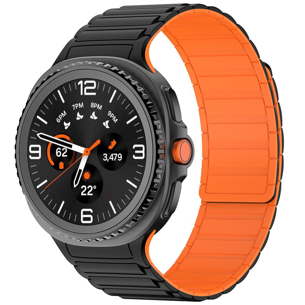 Samsung Galaxy Watch 8 Classic 46 mm Magnetik Silikon Kordon Baklalı Desenli Mıknatıslı Kayış Siyah - Turuncu