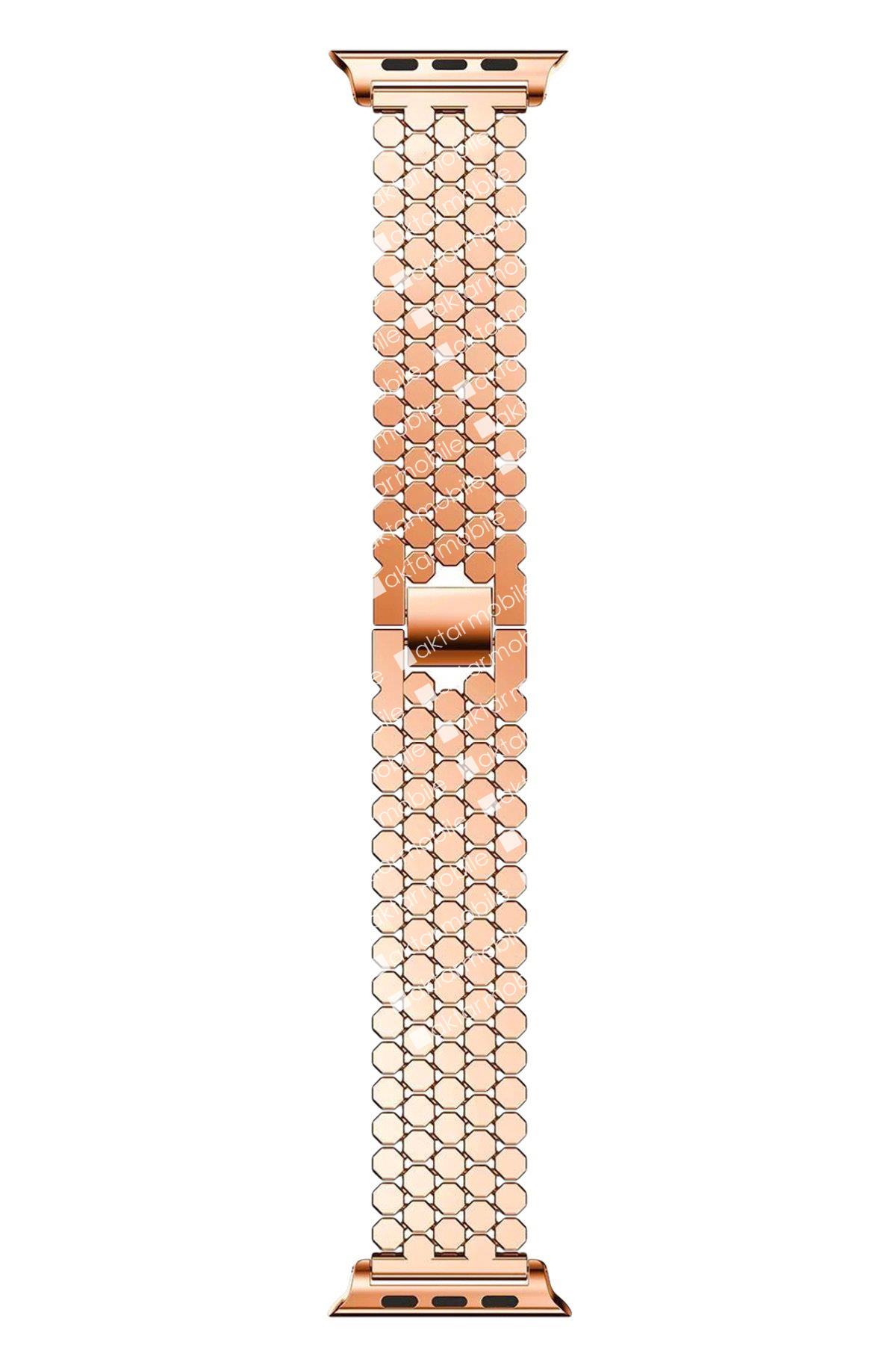 Apple Watch 10 42 mm uyumlu Metal Kordon Hegzagonal Tasarım Premium Kayış Rose Gold