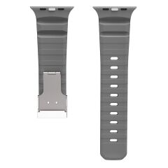 Apple Watch 6 5 4 3 2 1 SE 42 44 mm Uyumlu Silikon Kordon Ayarlanabilir Klipsli Metal Tokalı Kayış Gri