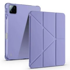 Xiaomi Mi Pad 7 / Pad 7 Pro uyumlu Kılıf Kalem Bölmeli Tri Folding Standlı Arkası Silikon Uyku Modlu Levander Gray