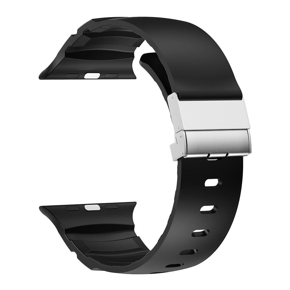 Apple Watch 7 8 9 45 mm Uyumlu Silikon Kordon Ayarlanabilir Klipsli Metal Tokalı Kayış Siyah