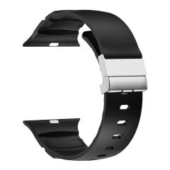 Apple Watch 7 8 9 45 mm Uyumlu Silikon Kordon Ayarlanabilir Klipsli Metal Tokalı Kayış Siyah