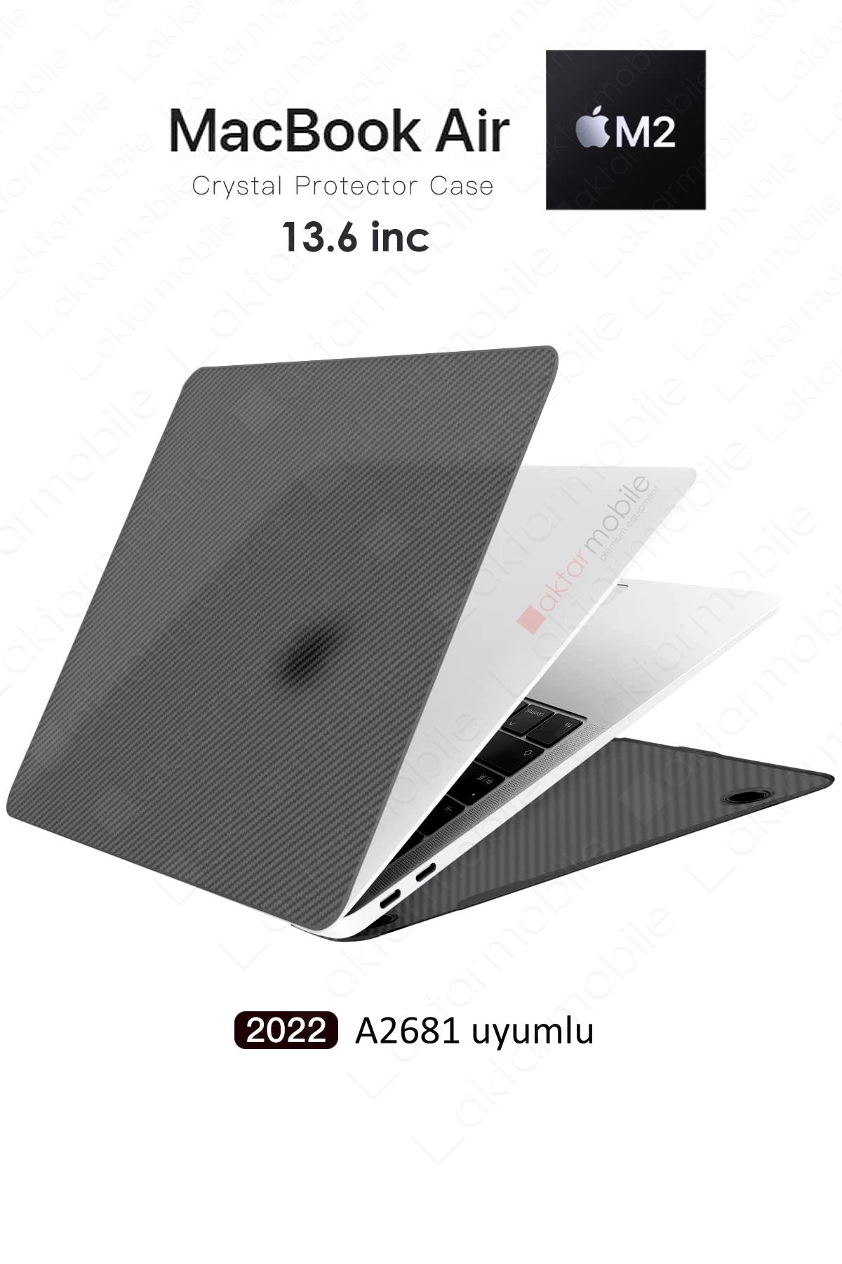 MacBook Air M2 13.6'' 2022 A2681 uyumlu Kılıf Karbon Fiber Desenli Koruyucu Kapak Transpan Tasarım Siyah