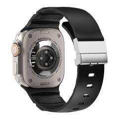 Apple Watch 10 46 mm Uyumlu Silikon Kordon Ayarlanabilir Klipsli Metal Tokalı Kayış Siyah