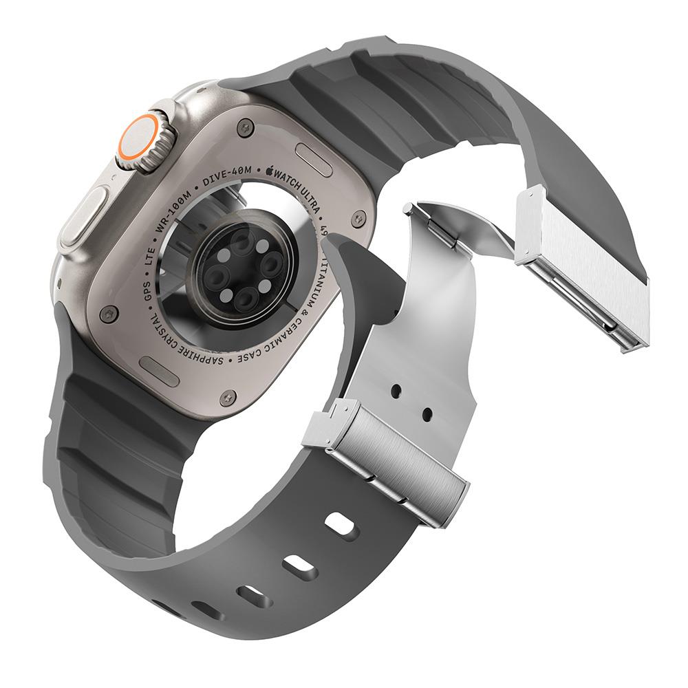Apple Watch Ultra / Ultra 2 49 Uyumlu Silikon Kordon Ayarlanabilir Klipsli Metal Tokalı Kayış Gri