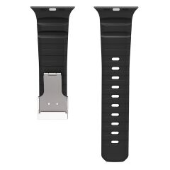 Apple Watch Ultra / Ultra 2 49 Uyumlu Silikon Kordon Ayarlanabilir Klipsli Metal Tokalı Kayış Siyah