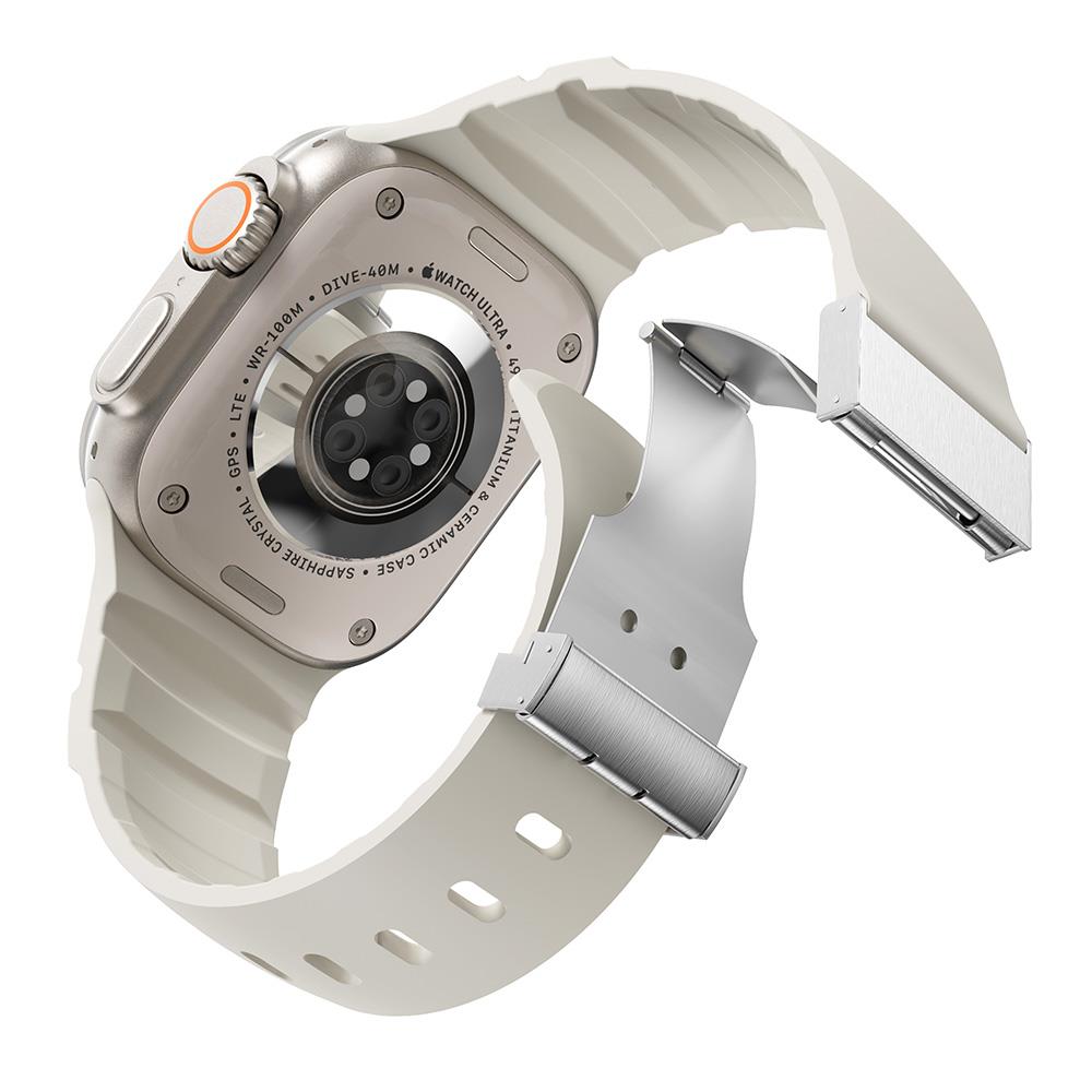 Apple Watch Ultra / Ultra 2 49 Uyumlu Silikon Kordon Ayarlanabilir Klipsli Metal Tokalı Kayış Starlight