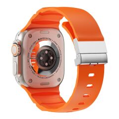 Apple Watch Ultra / Ultra 2 49 Uyumlu Silikon Kordon Ayarlanabilir Klipsli Metal Tokalı Kayış Turuncu