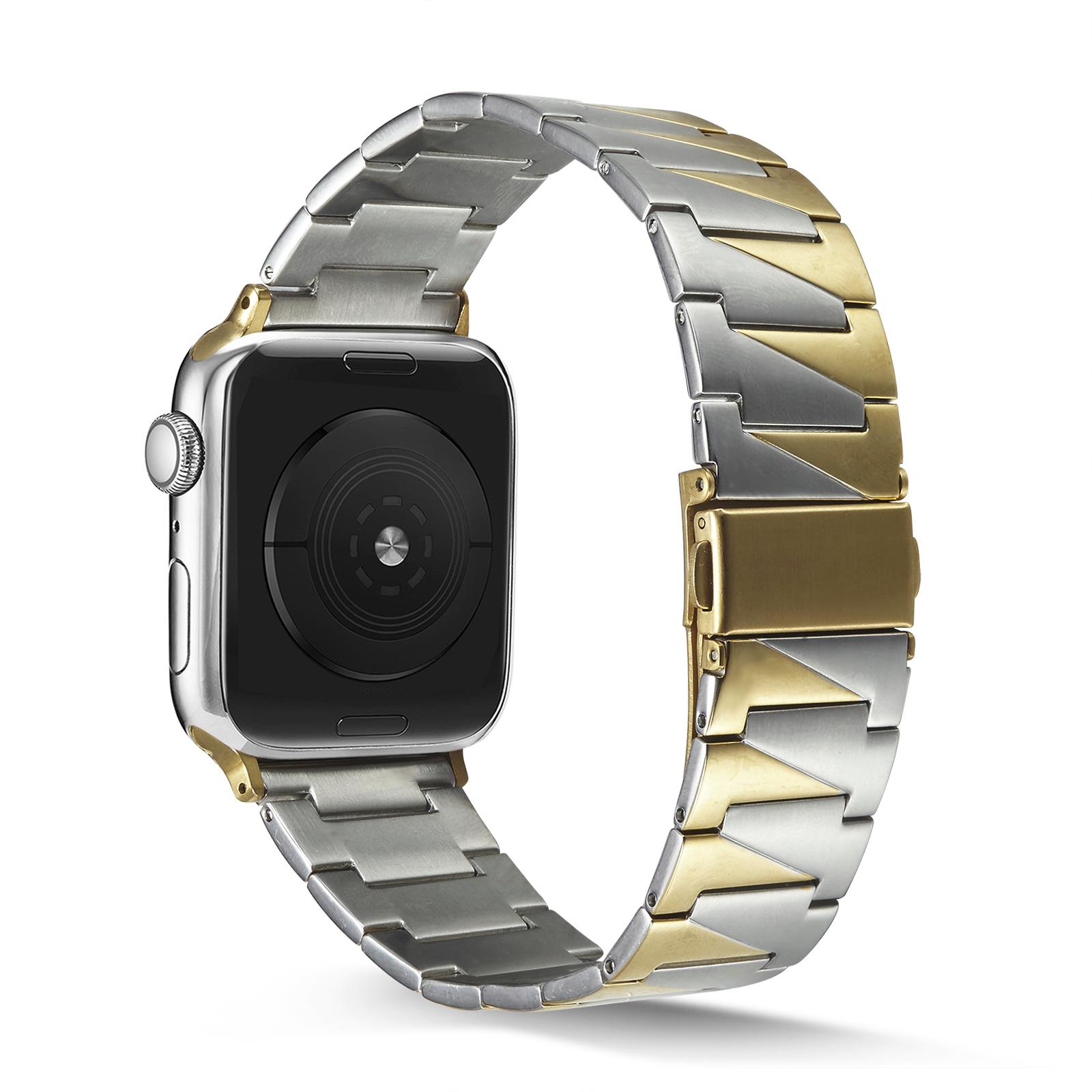Apple Watch UItra 49 mm uyumlu Metal Kordon Geometrik Tasarım Çelik Kayış Gold - Gümüş