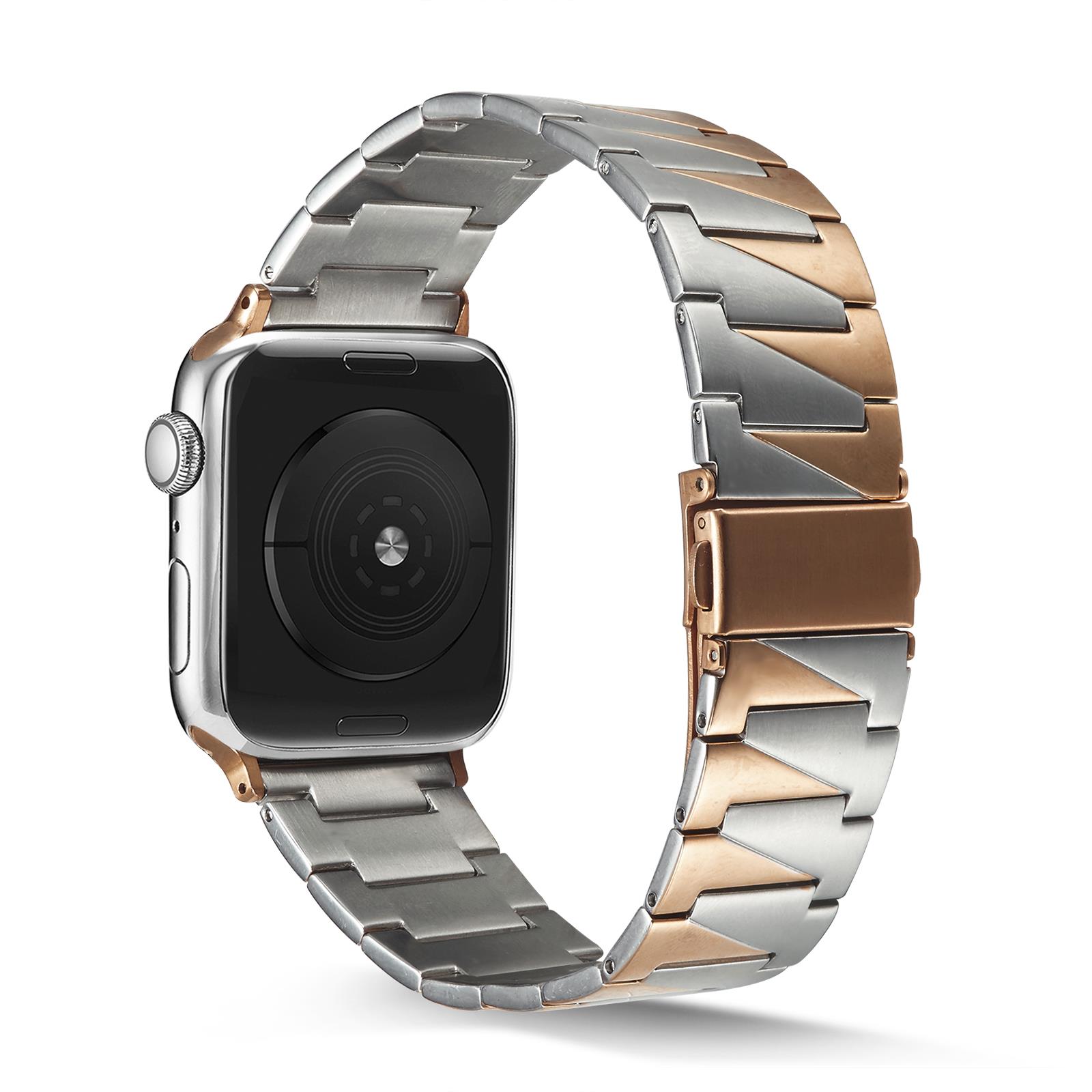 Apple Watch UItra 49 mm uyumlu Metal Kordon Geometrik Tasarım Çelik Kayış Rose Gold - Gümüş