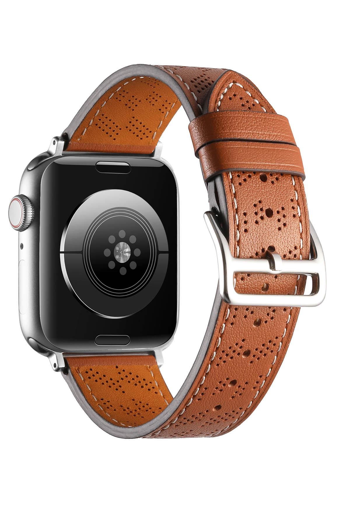 Apple Watch 7 6 SE 5 4 3 2 1 - 45 / 44 / 42 mm uyumlu Suni Deri Kordon Kayış Watch Band / Strap Kahverengi