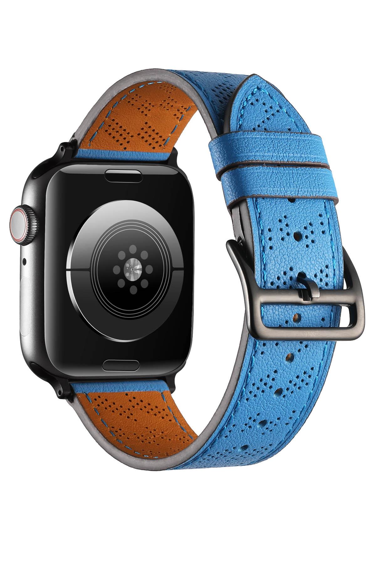 Apple Watch 7 6 SE 5 4 3 2 1 - 45 / 44 / 42 mm uyumlu Suni Deri Kordon Kayış Watch Band / Strap Mavi
