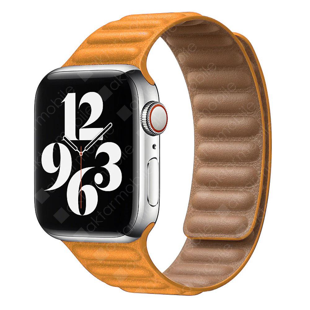 Apple Watch 10 42 mm uyumlu Manyetik Baklalı Model Kayış Mıknatıslı Suni Deri Kordon Hardal