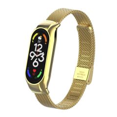 Mi Band 7 uyumlu Klipsli Hasır Metal Kordon & Kasa Koruma 2 in 1 Tel Örgü Kayış Gold
