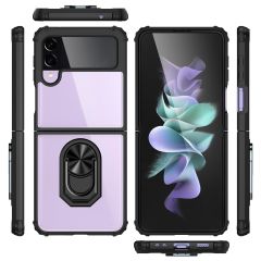 Samsung Galaxy Z Flip 3 Kılıf Arkası Şeffaf Kapak Metal Yüzüklü Tam Uyumlu Standlı Üstün Koruma Siyah
