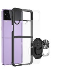 Samsung Galaxy Z Flip 3 Kılıf Arkası Şeffaf Kapak Metal Yüzüklü Tam Uyumlu Standlı Üstün Koruma Siyah