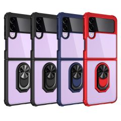 Samsung Galaxy Z Flip 3 Kılıf Arkası Şeffaf Kapak Metal Yüzüklü Tam Uyumlu Standlı Üstün Koruma Siyah