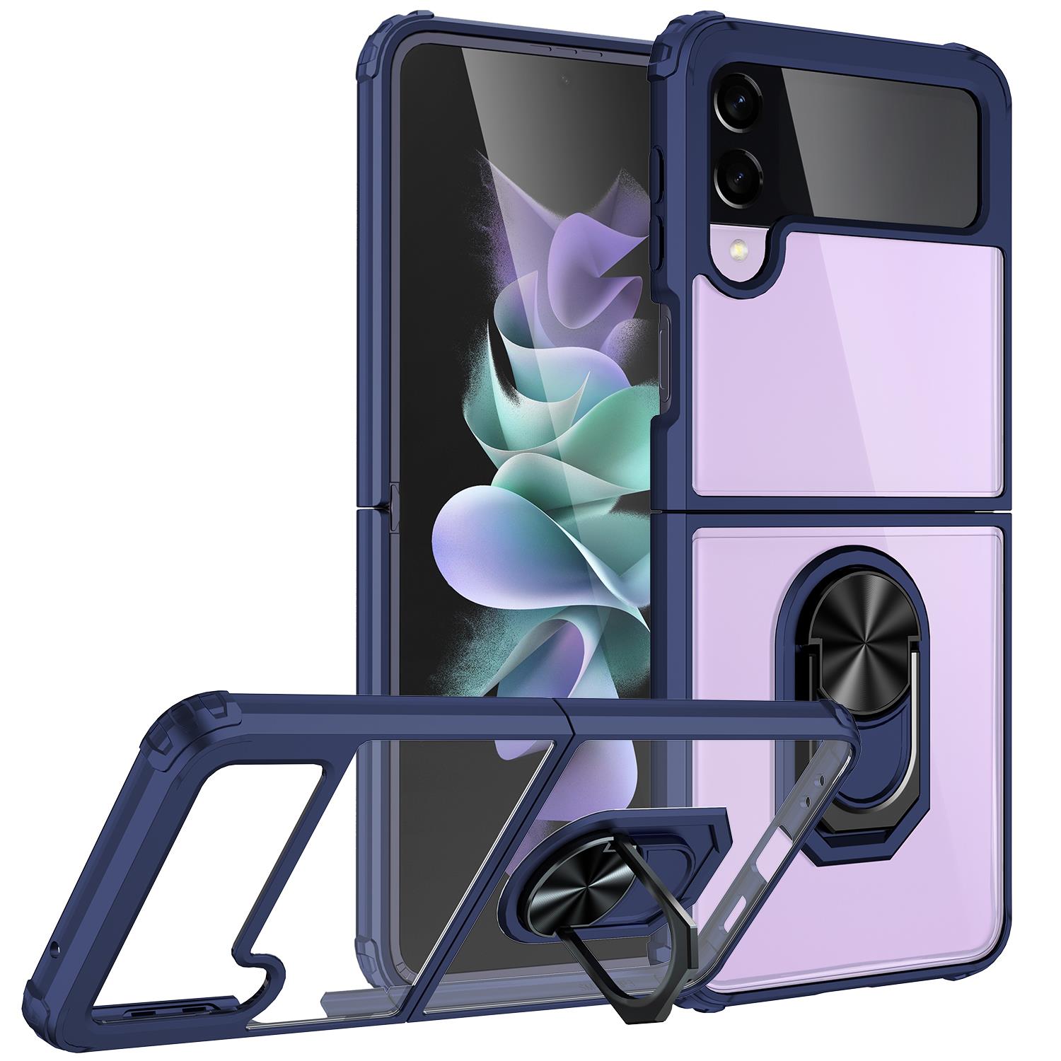 Samsung Galaxy Z Flip 3 Kılıf Arkası Şeffaf Kapak Metal Yüzüklü Tam Uyumlu Standlı Üstün Koruma Lacivert