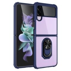 Samsung Galaxy Z Flip 3 Kılıf Arkası Şeffaf Kapak Metal Yüzüklü Tam Uyumlu Standlı Üstün Koruma Lacivert