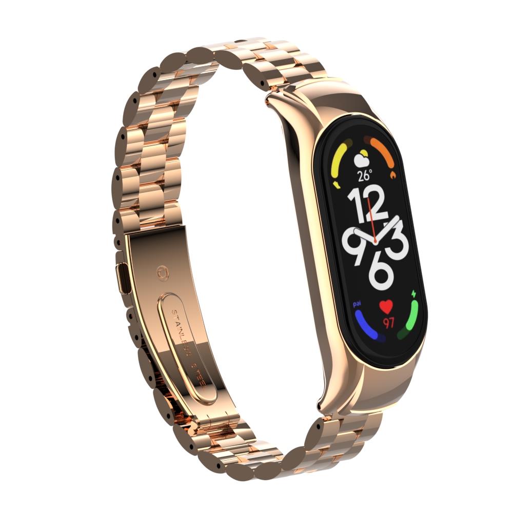 Mi Band 7 uyumlu Baklalı Model Metal Kordon & Kasa Koruma 2 in 1 Paslanmaz Çelik Kayış Rose Gold