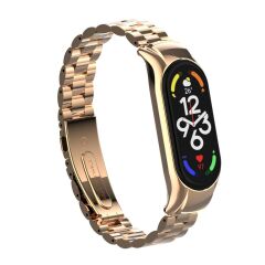 Mi Band 7 uyumlu Baklalı Model Metal Kordon & Kasa Koruma 2 in 1 Paslanmaz Çelik Kayış Rose Gold