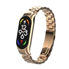 Mi Band 7 uyumlu Baklalı Model Metal Kordon & Kasa Koruma 2 in 1 Paslanmaz Çelik Kayış Rose Gold