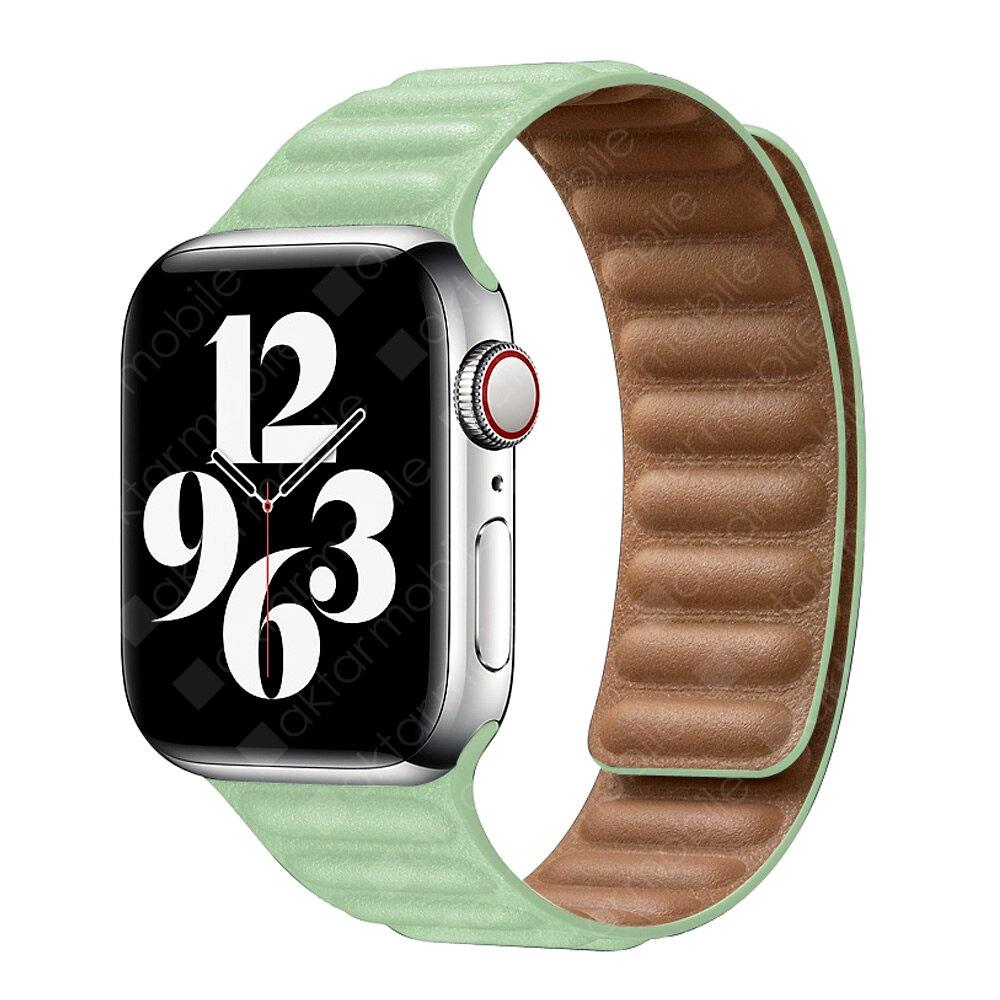Apple Watch 10 42 mm uyumlu Manyetik Baklalı Model Kayış Mıknatıslı Suni Deri Kordon Su Yeşili