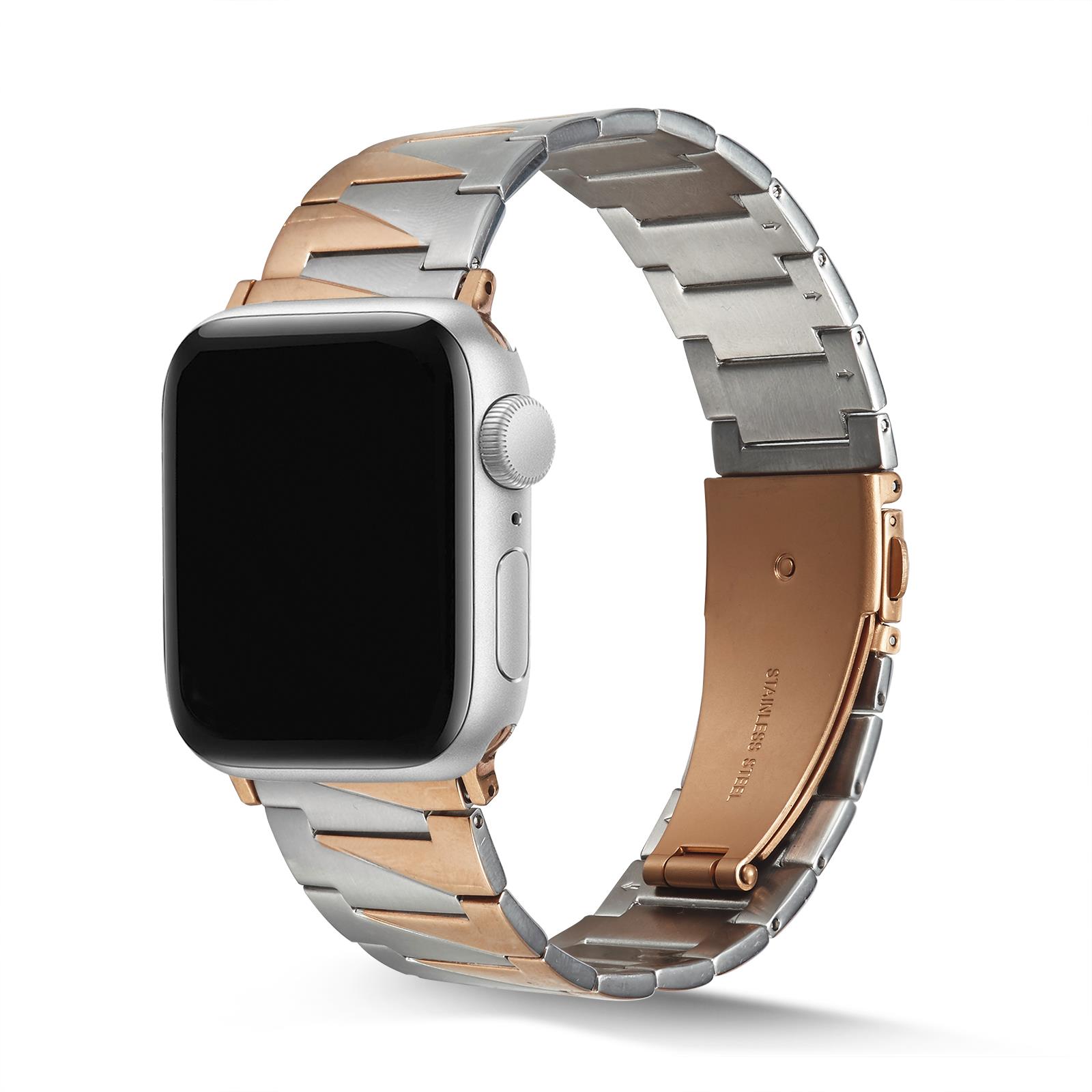 Apple Watch 10 46 mm uyumlu Metal Kordon Geometrik Tasarım Paslanmaz Çelik Kayış Rose Gold - Gümüş