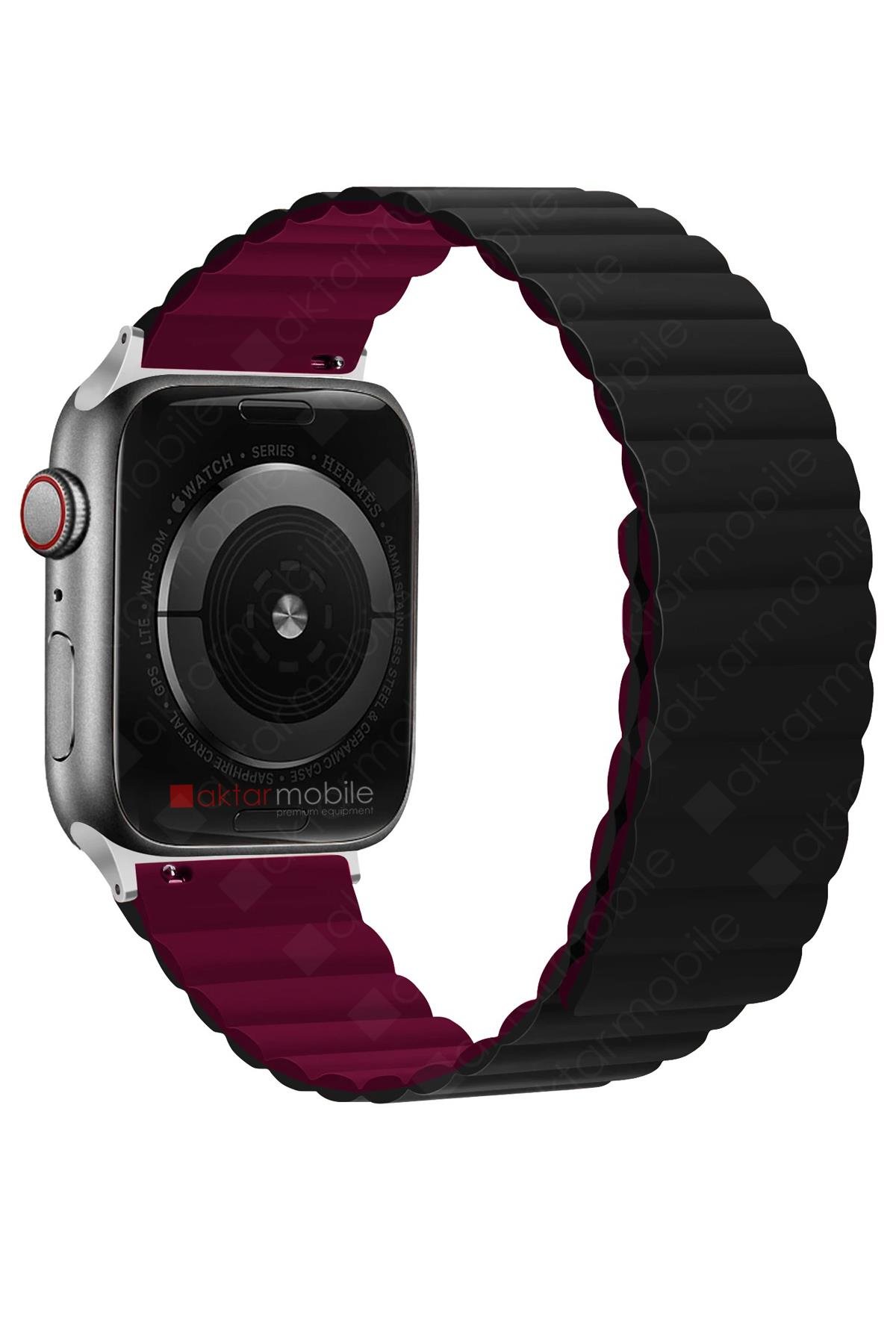Apple Watch Ultra 49 mm uyumlu Magnetik Silikon Kordon Çift Renkli Mıknatıslı Premium Kayış Siyah - Mürdüm
