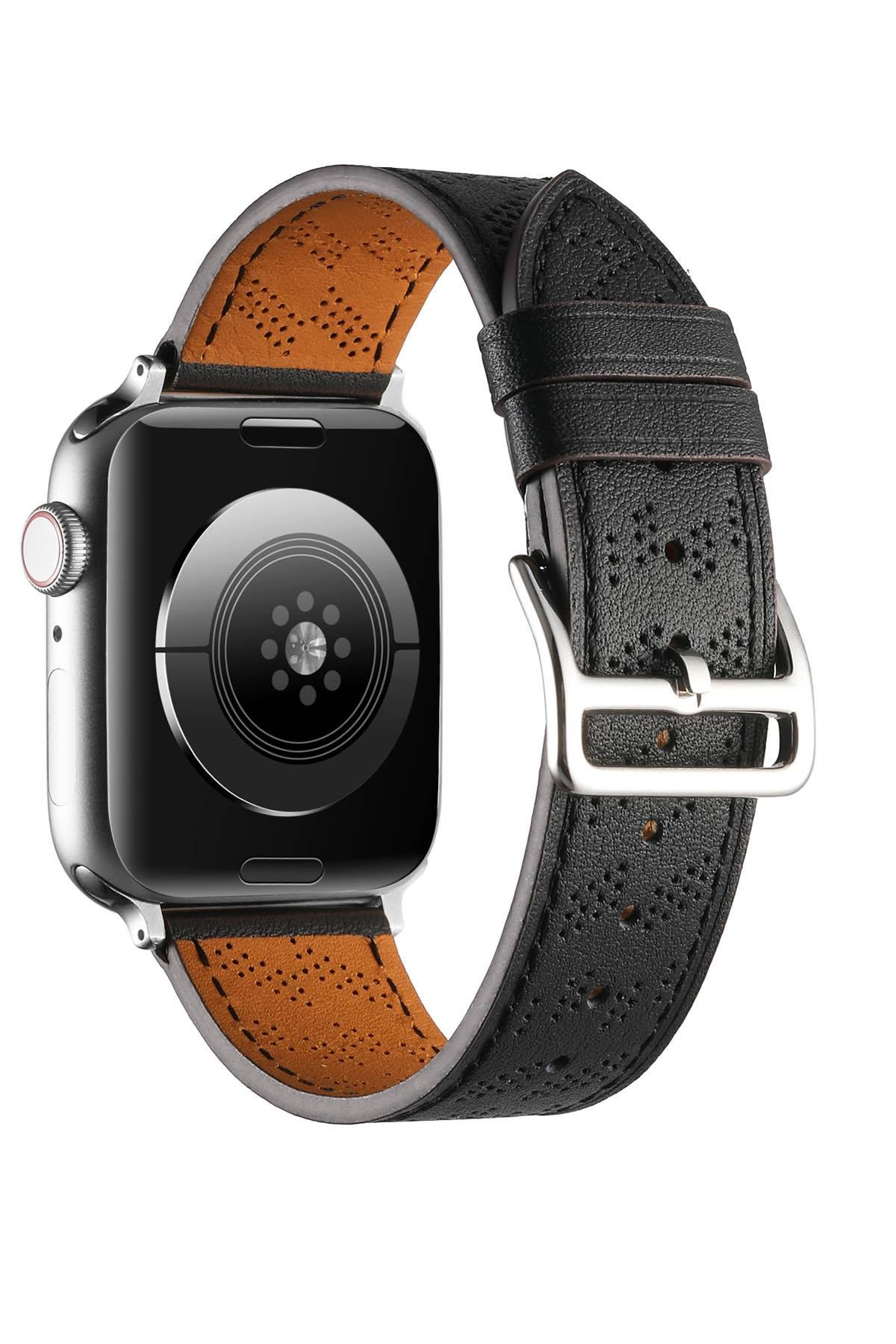 Apple Watch 8 41 mm uyumlu Suni Deri Kordon Kayış Watch Band / Strap Siyah