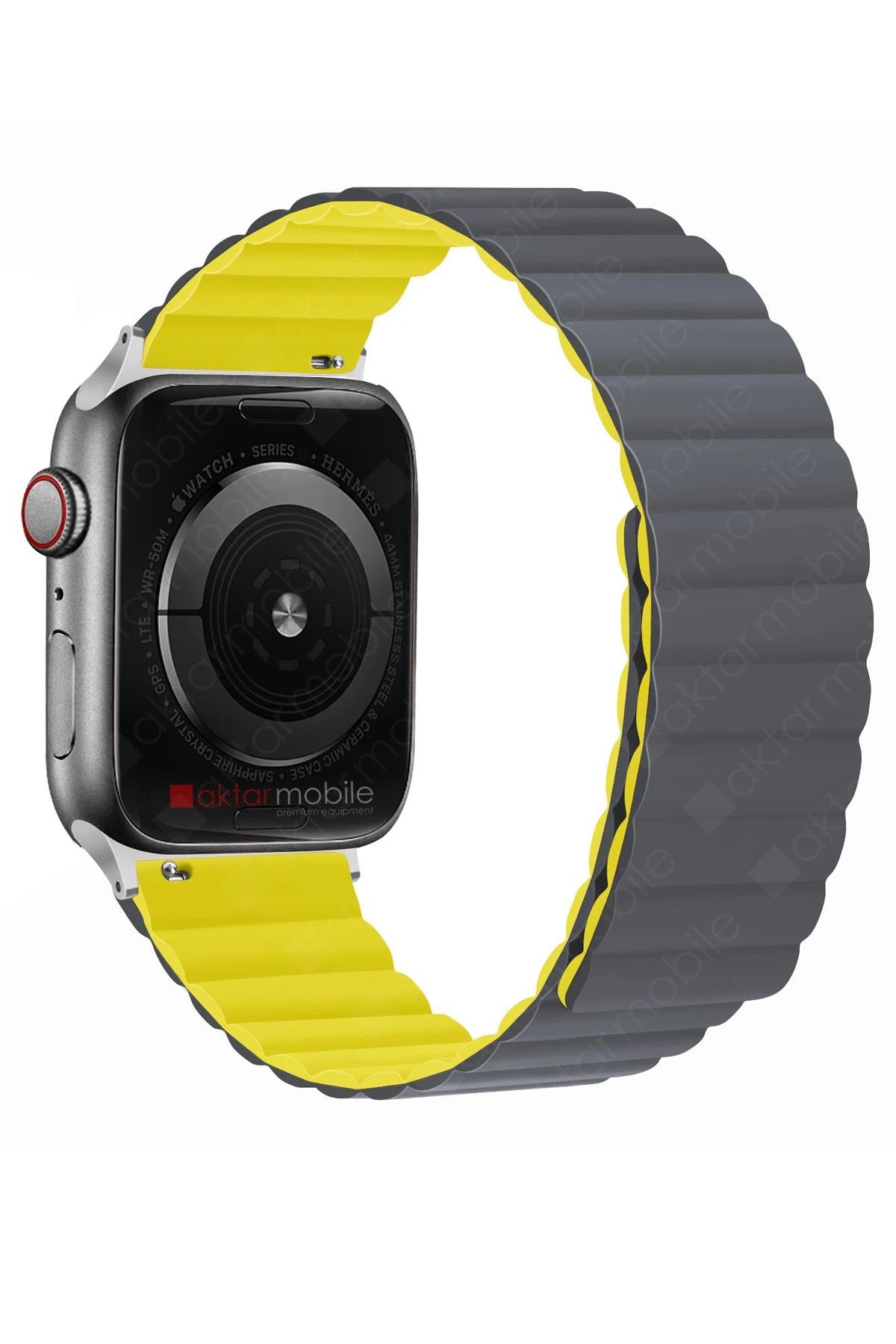 Apple Watch Ultra 49 mm uyumlu Magnetik Silikon Kordon Çift Renkli Mıknatıslı Premium Kayış Gri - Sarı