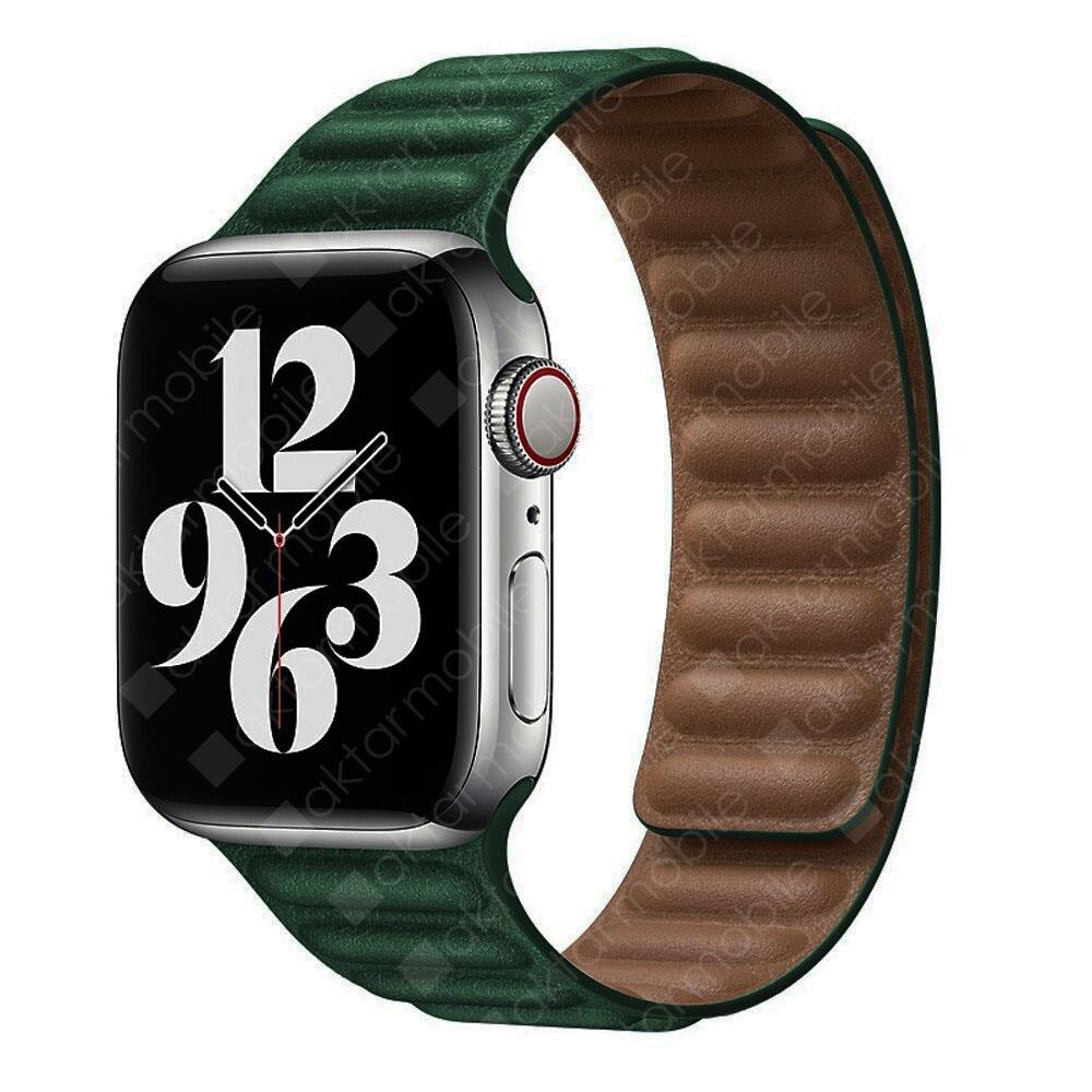 Apple Watch 9 45 mm uyumlu Manyetik Baklalı Model Kayış Mıknatıslı Suni Deri Kordon Koyu Yeşil