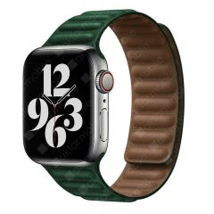 Apple Watch 9 45 mm uyumlu Manyetik Baklalı Model Kayış Mıknatıslı Suni Deri Kordon Koyu Yeşil