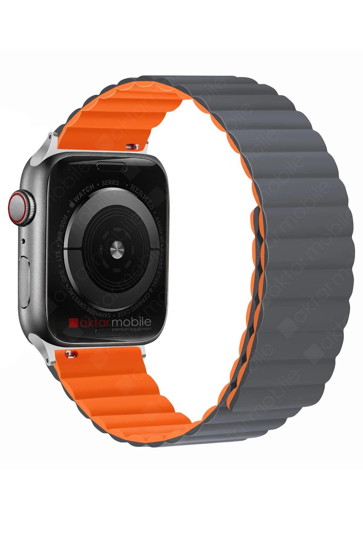 Apple Watch Ultra 49 mm uyumlu Magnetik Silikon Kordon Çift Renkli Mıknatıslı Premium Kayış Gri - Turuncu