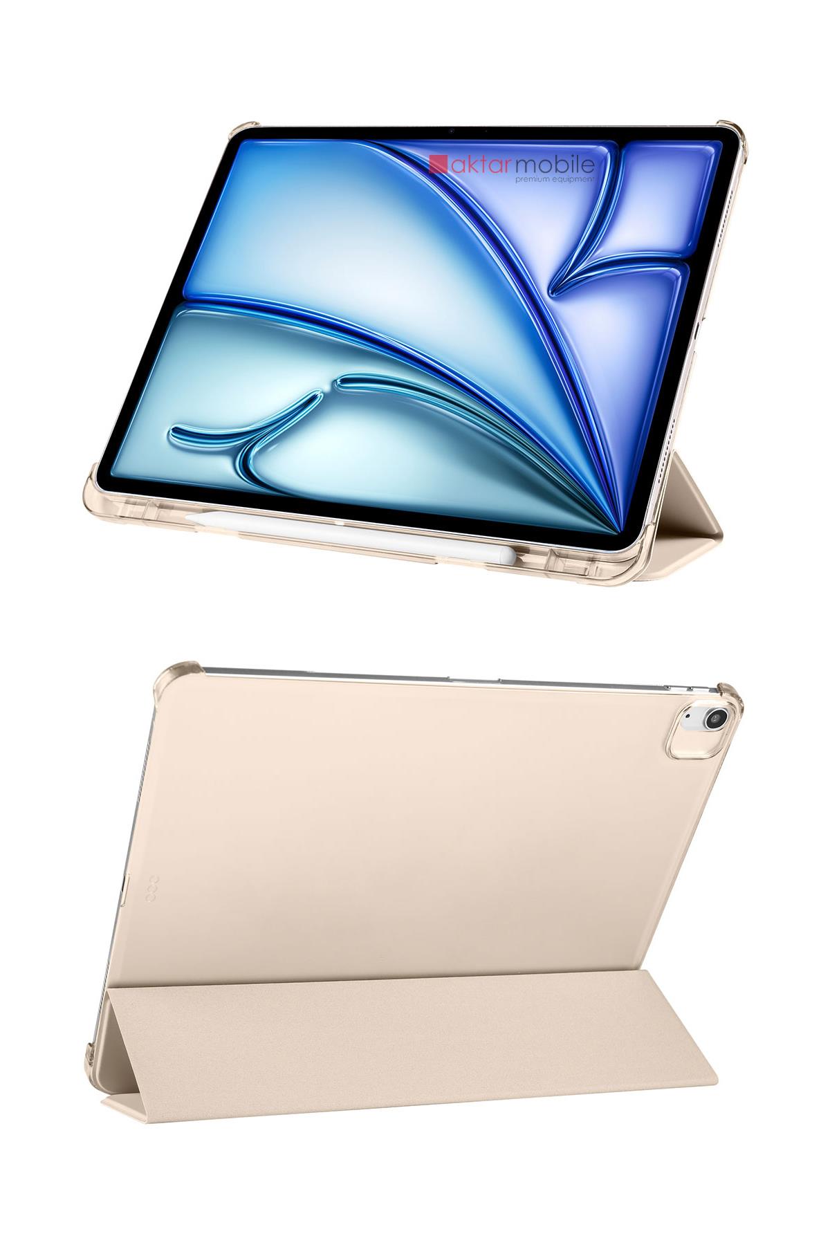 iPad Air 13 M2 2024 uyumlu Kapaklı Kılıf Kalem Bölmeli Standlı Flip Smart Akıllı Kapak Uyku Modlu Gold