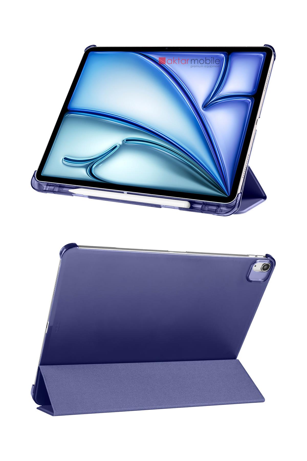 iPad Air 13 M2 2024 uyumlu Kapaklı Kılıf Kalem Bölmeli Standlı Flip Smart Akıllı Kapak Uyku Modlu Lacivert